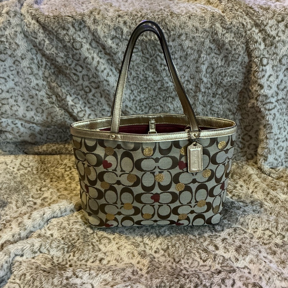 Coach Gold and Brown Hearts Jacquard & Leather Signature Tote Bag - Picture 4 of 4